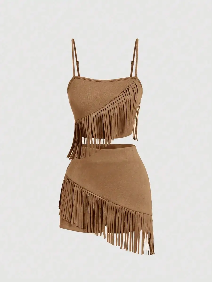 

Womens Brown Suede Fringe Two Piece Set Music Festival Western Outfit