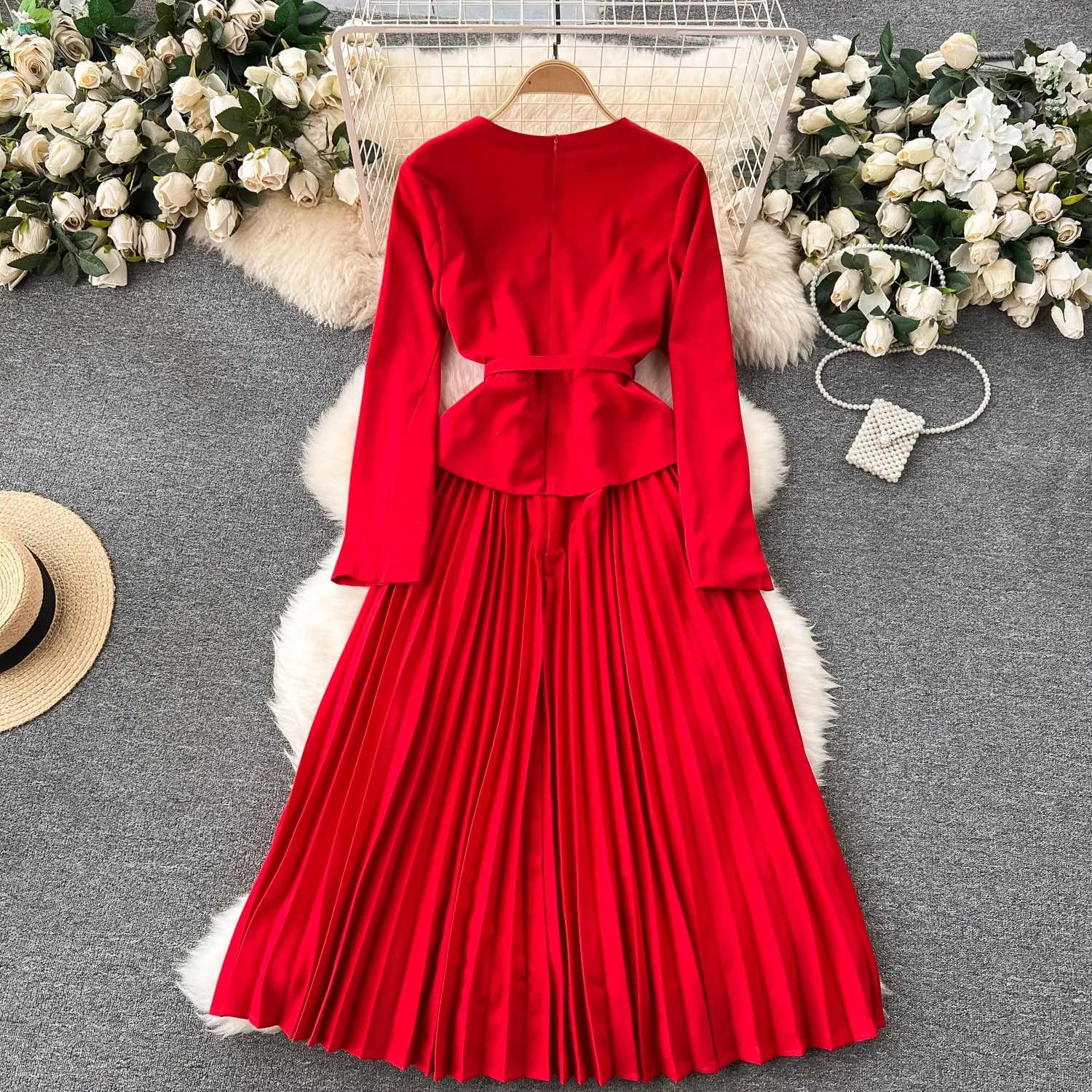 New 2024 Spring Summer Faux 2 Peice Women High Quality Fashion O Neck Bow Long Sleeve Belt Office Casual Party Dresses