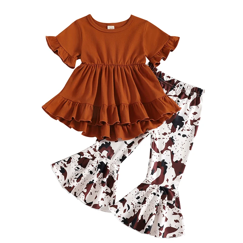 Toddler Girl Outfit Floral Print Short Sleeve Top with Ruffle Detail and Wide-Leg Pants Set Casual 2 Piece Suit