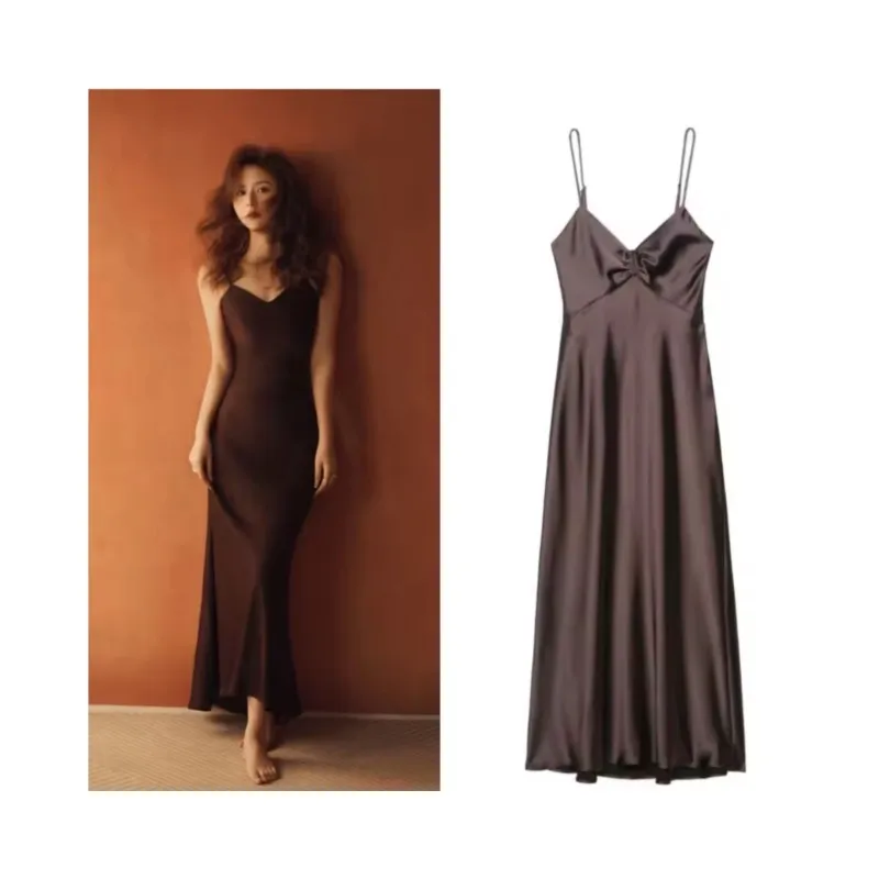 NERHEFZ Abito longuette da donna in raso raccolto Sexy senza schienale con cinturino per spaghetti con scollo a V Abito lungo da donna a pieghe Abiti chic da donna