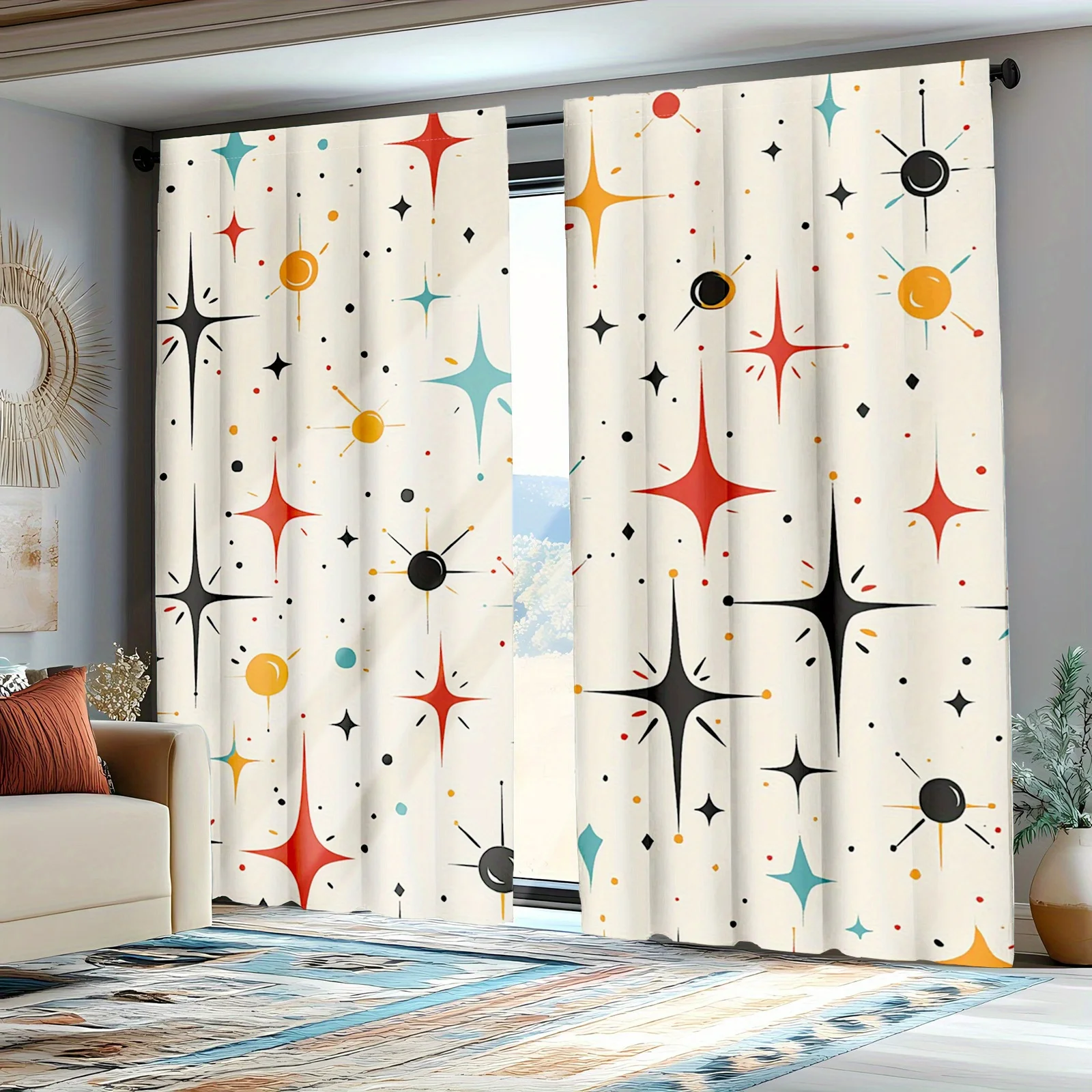 2pcs Mid Century Modern Curtains, Retro Fifties Color Pattern Drapes Decorative curtains