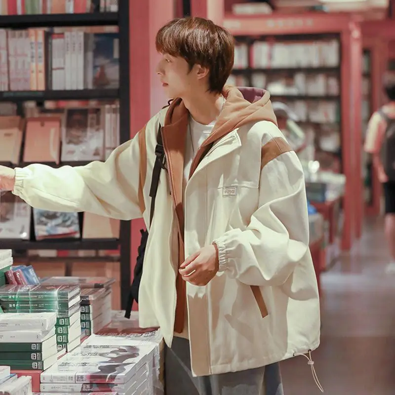Autumn Winter Fake Two-Piece Hooded Jacket Men's High Street Loose Casual Streetwear Outerwear