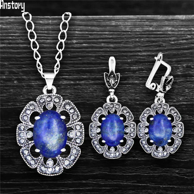 Vintage Plumflower Natural Stone Quartz Necklace Earring Set For Women Antique Silver Plated Lapis Jades Rhinestone Jewelry Set