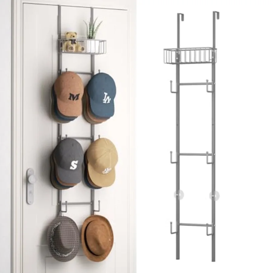 

Over Door Hat Rack - 2 Packs Wall Mounted Hat Holder with 6 Hooks and Metal Basket Design Baseball Cap Organizer Storage Up to