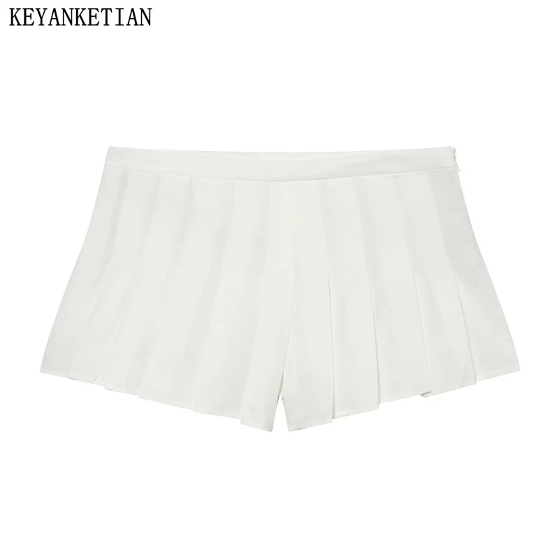 

KEYANKETIAN 2026 Summer New Woman Y2K Aesthetic Pleated Mini Shorts Sweet Slim-fit High Waist White Skort Side Zipper