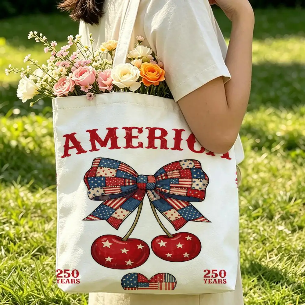 Americana 250 Years Cherry Storage Bags Canvas Double-Sided Print Durable Tote Bag Beach Travel Picnic Foldable Eco Handbag