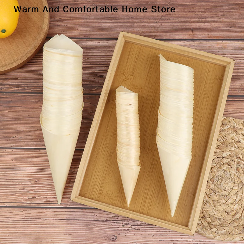 【SE】50pcs Disposable Wood Appetizer Cones Biodegradable Cone Veneer Roll Disposable Ice Cream Cone Packaging Container Candy Cup