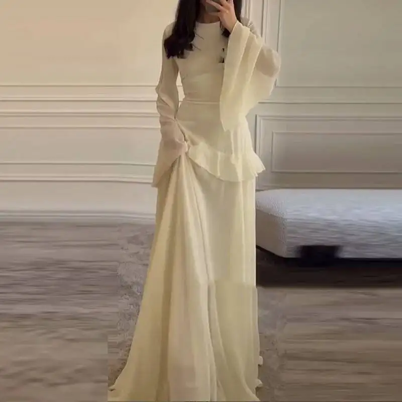 Moda primaverile Solid Ruffle A Line Boho French Elegante O Neck Slim Party Dress Donna Flare Manica lunga Abiti autunnali