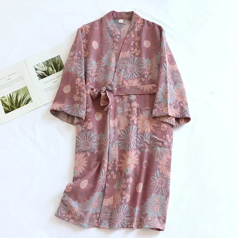 Women\'s Printed Cotton Loose Fitting Bathrobe Japanese Style Tie Up Kimono Bathrobe Sweat Steaming Cotton Pajamas Robes Women