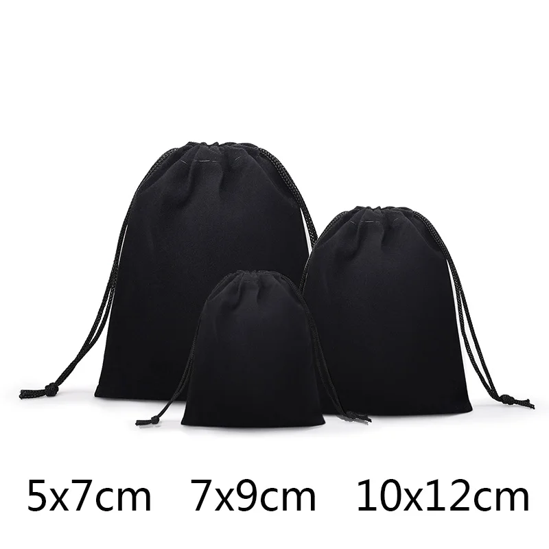 50PCS / Lot Jewelry Velvet Pouch Dust Black Bag Large 5×7cm 7×9cm 10×12cm Gift Brace Strap Cotton Rope Drawstring  Free Shipping