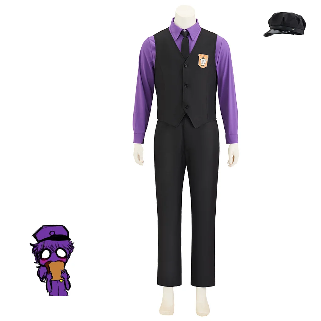 Spiel William Afton Cosplay Kostüm Uniform Mit Hut Lila Kerl William Fancy Outfits Erwachsene Männer Halloween Anime Kostüme