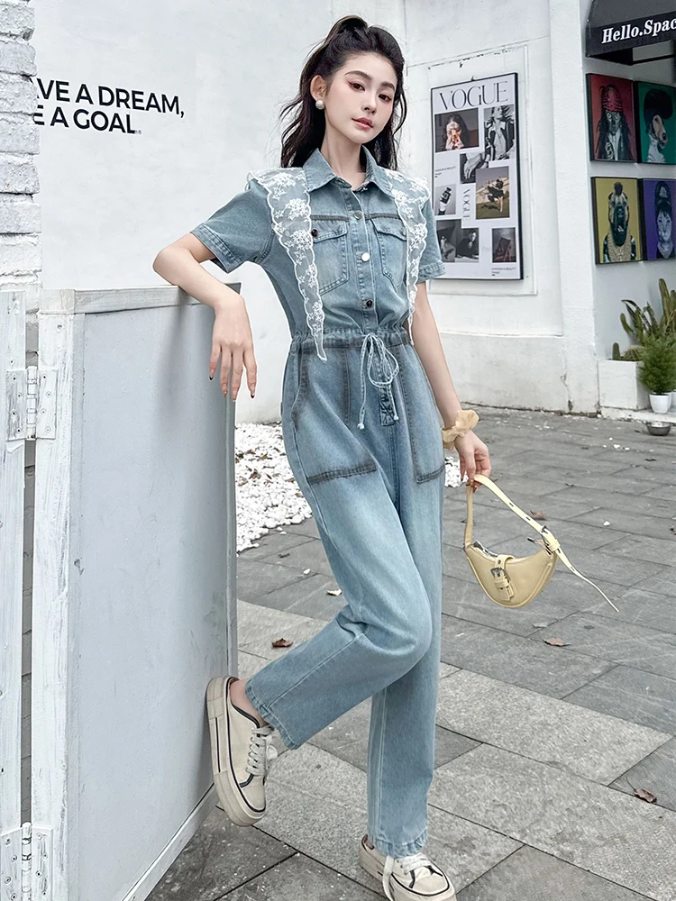 Mono de Mezclilla de Verano para Mujer, Informal, de Cintura Alta, Pierna Recta, Mezcla de Algodón, Estilo Coreano