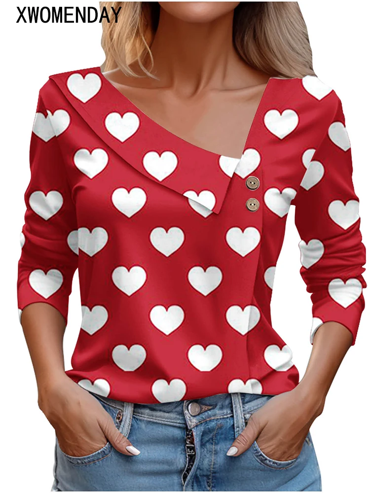 T Shirt For Women Fashion Long Sleeve Tops Heart Print Pulovers Elegant Shirts & Blouses Autumn Youthful Woman Clothes 2023