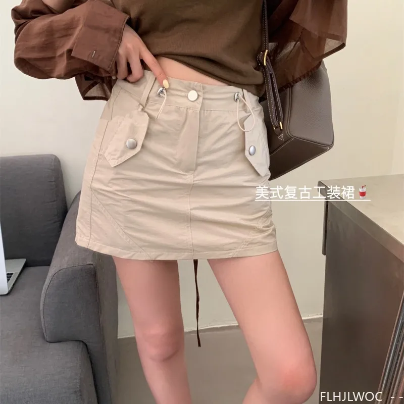 American Retro High-Waisted Drawstring Utility Skirt 2025 Summer Fashion Solid Cute Japan Girls Outfits Date Mini Skirts