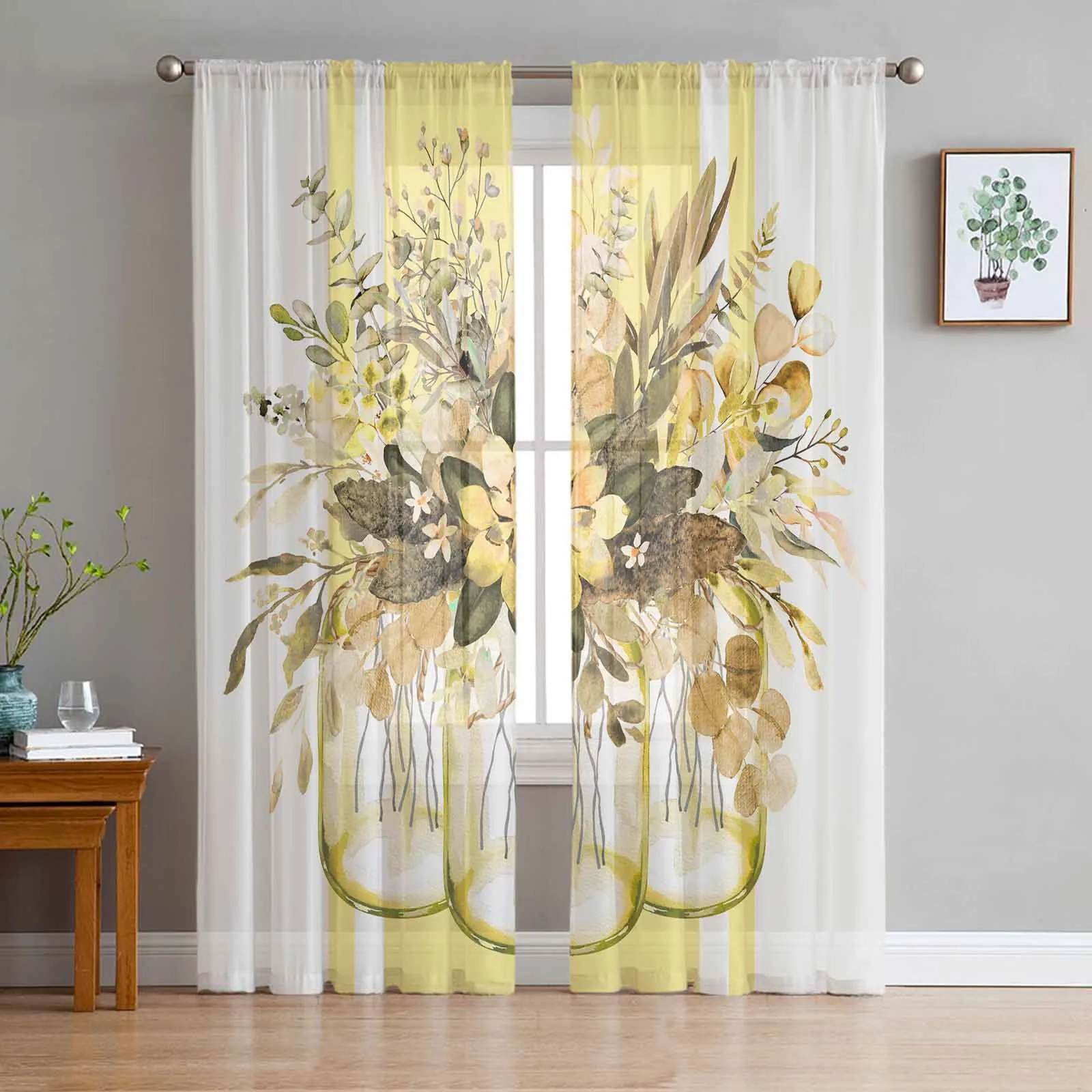 

Spring Eucalyptus Leaves Striped Yellow Sheer Curtains for Living Room Bedroom Window Treatment Kitchen Chiffon Curtain