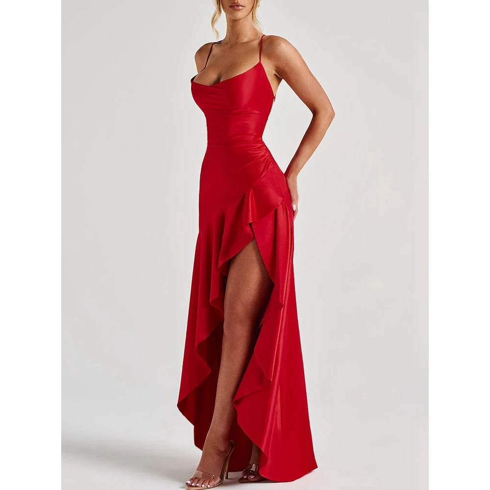 

Summer ‌Slim Fit Sexy Backless High Slit Asymmetric Ruffles Hem Dress for Women Spaghetti Strap Maxi Elegant Party Vestidos
