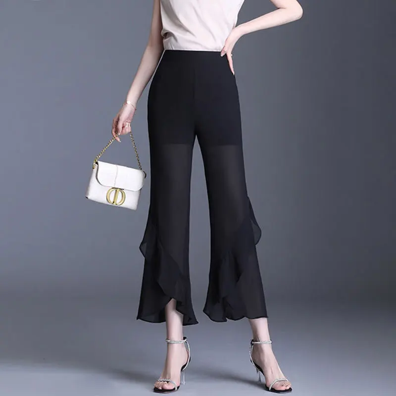 

Women Summer Fashion Simplicity Office Lady Solid Color Chiffon Flare Women Clothes Casual Elegant Fashionable High Waist Pants