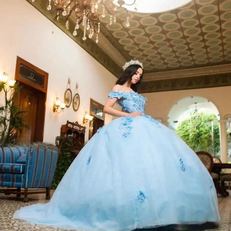 

New in Flower Blue Quinceanera Dresses 2025 Vestido De 15 Años Mexican Dress Off Shoulder Backless Sweet 15 16 XV Birthday Prom