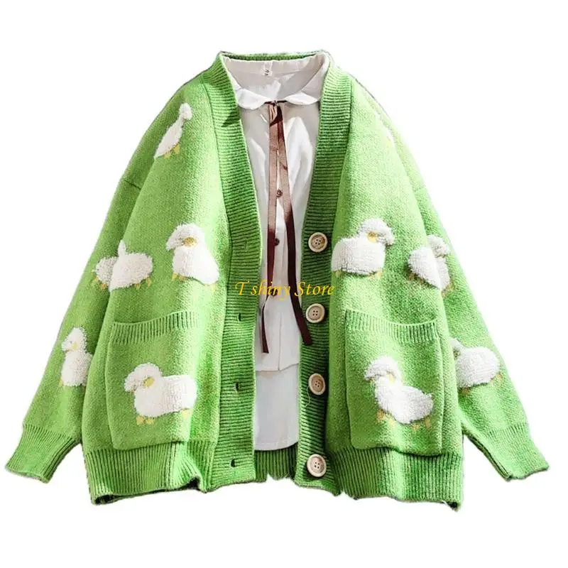 

N58F Women Long Sleeve Oversized Sweater Cardigan Sheep Button Down Knitwear for Jacket Coat Outerwear with Pocke