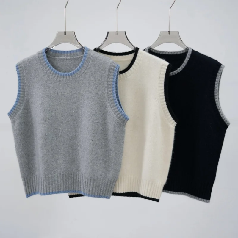 

Early Autumn Korean Style Color Block Trim Round Neck High Twist Raccoon Fleece Vest Women Layered Loose Soft Sweater Vest