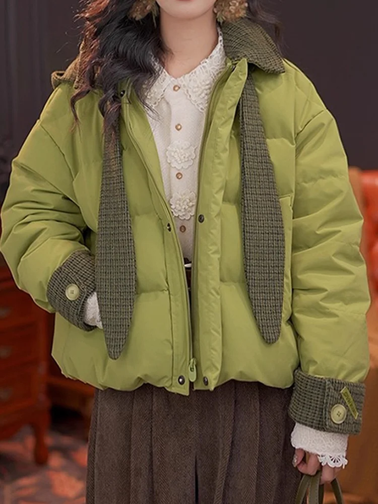 

Зимняя утепленная хлопковая куртка для женщин с капюшоном в виде кроличьих ушек, в клетку, приталенная, теплая, антивозрастная хлопковая одежда