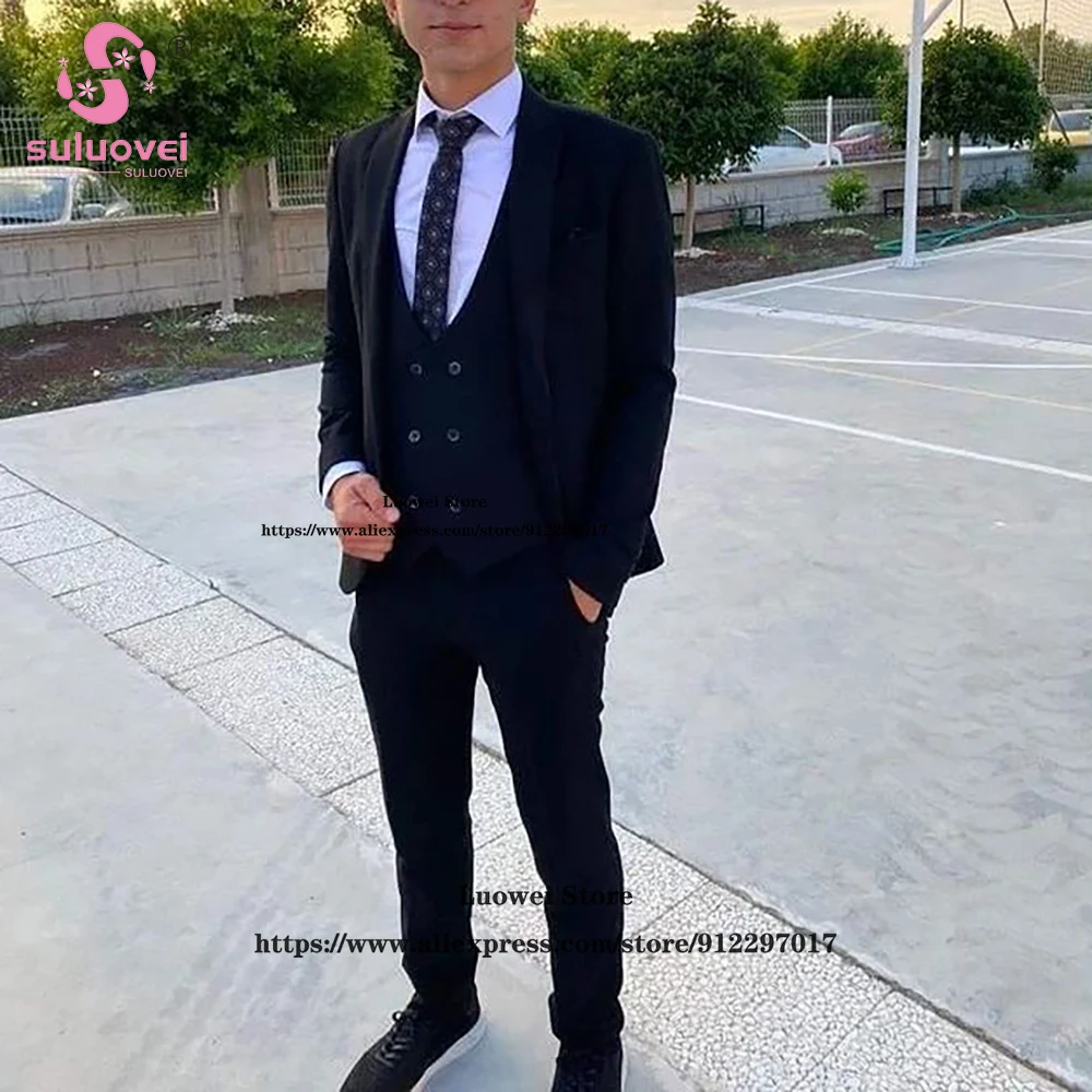 

Fashion Slim Fit Suits For Men Navy Blue 3 Piece Jacket Vest Pants Set Formal Groom Wedding Tuxedo Male Office Business Blazer