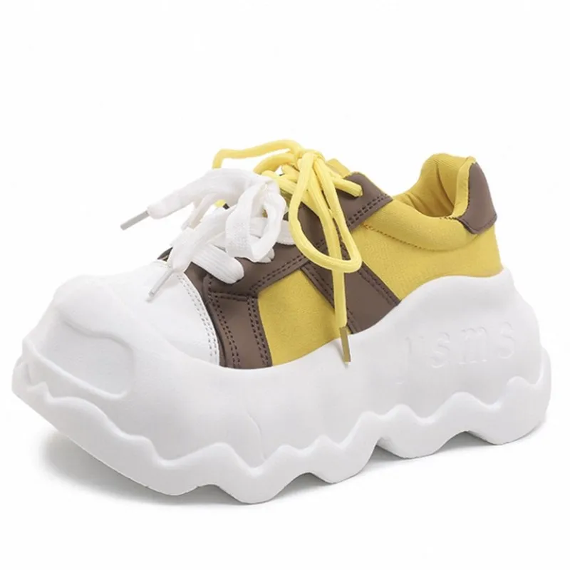 

2025 Women Thick Leather Chunky New Autumn Hidden Heels Casual Sport Dad Shoes 8.5CM Thick Sole Platform Sneaker Woman