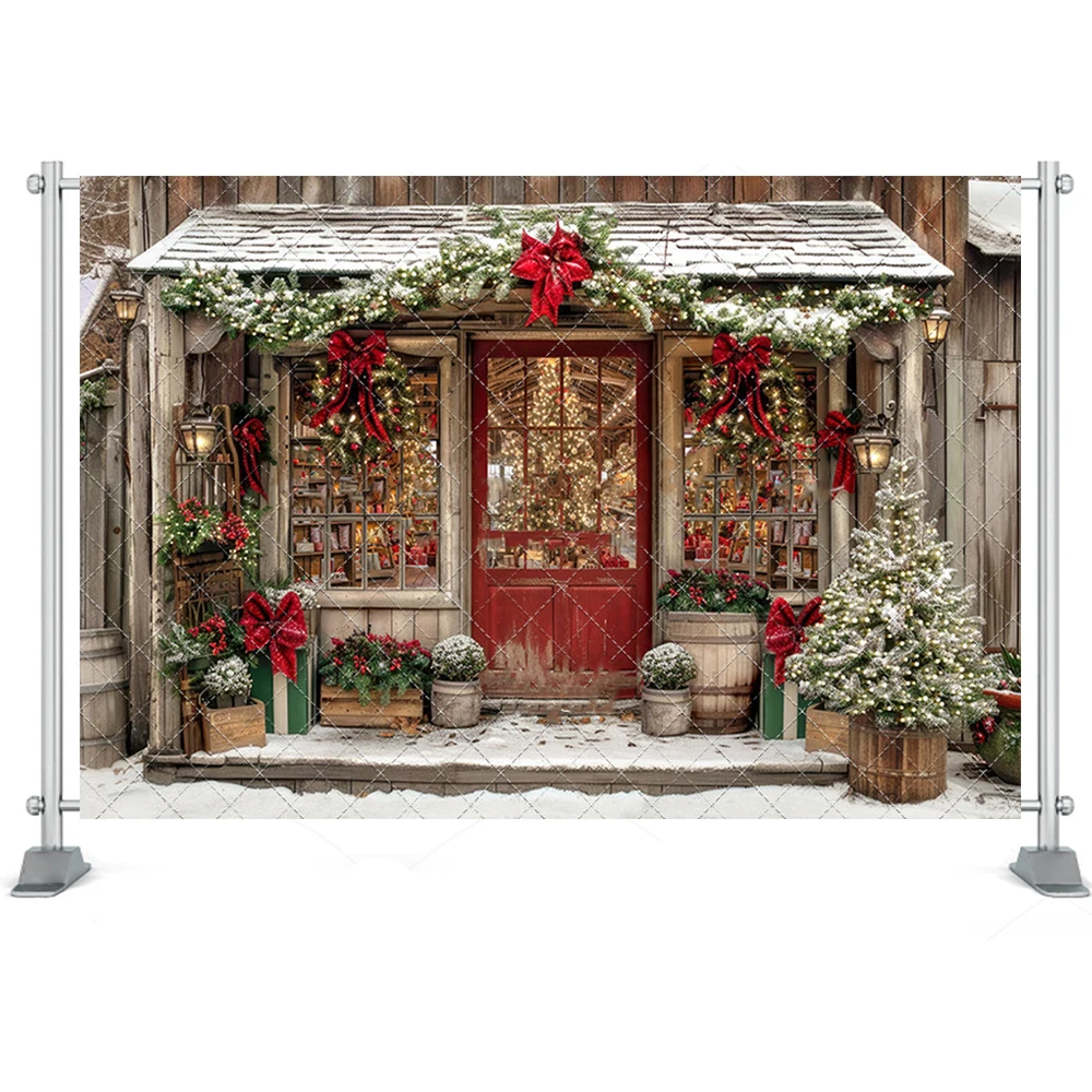 Country Christmas Store Street Photo Background Kids Portrait Photo Studio Props Winter Snowflakes House Photography Backdrop