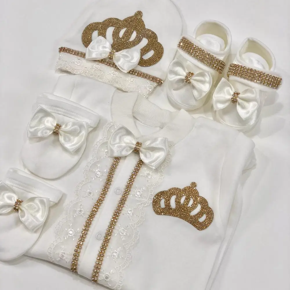 4pcs Take me Home Romper Set Baby Blanket Hat Gloves Shoes Set 39 week Pregnant Woman Photographyh Royal Crown Jewelry Suit