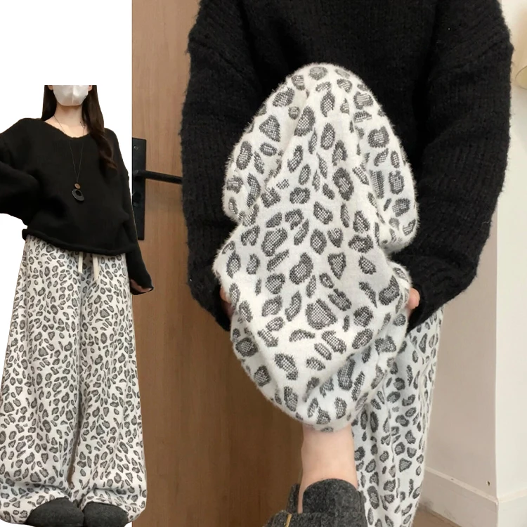 Retro Lazy Leopard Print Wide Leg Pants Women's Autumn Winter New Knitted Soft Comfortable Fce High Waist Loose Fit Casual...