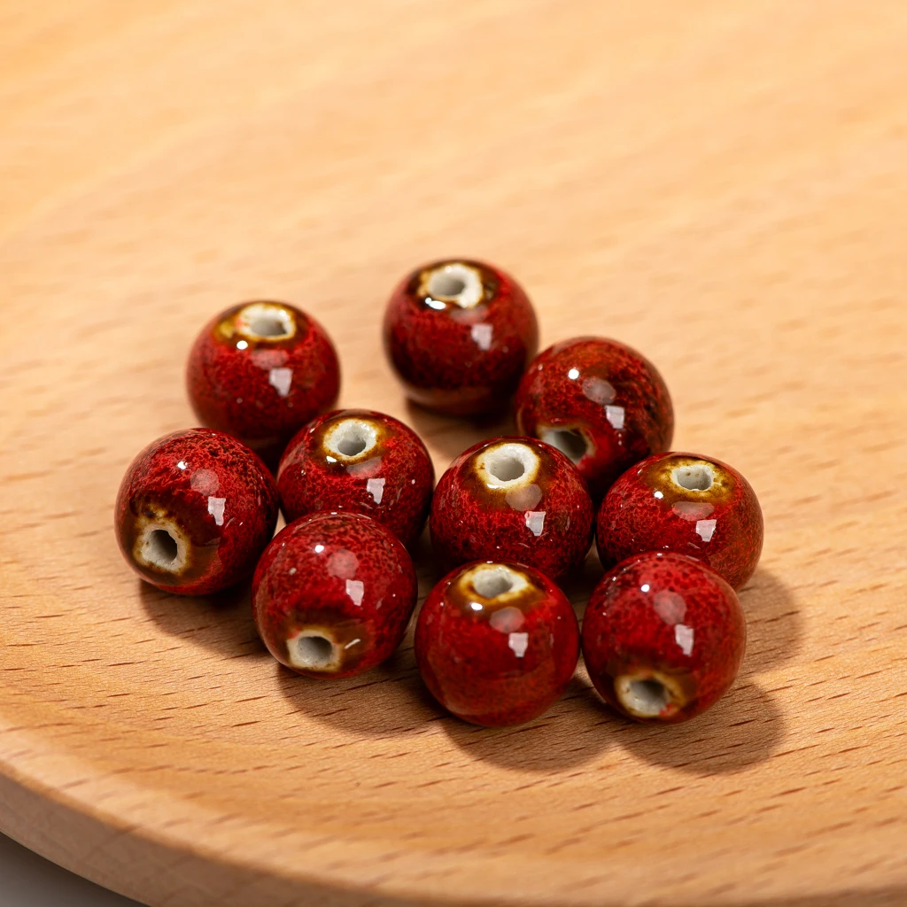 14mm 10pcs Handmade Ceramic Beads Radiant Red Glazed Floral Glaze Art Unique Black Speckled for Jewelry Making DIY