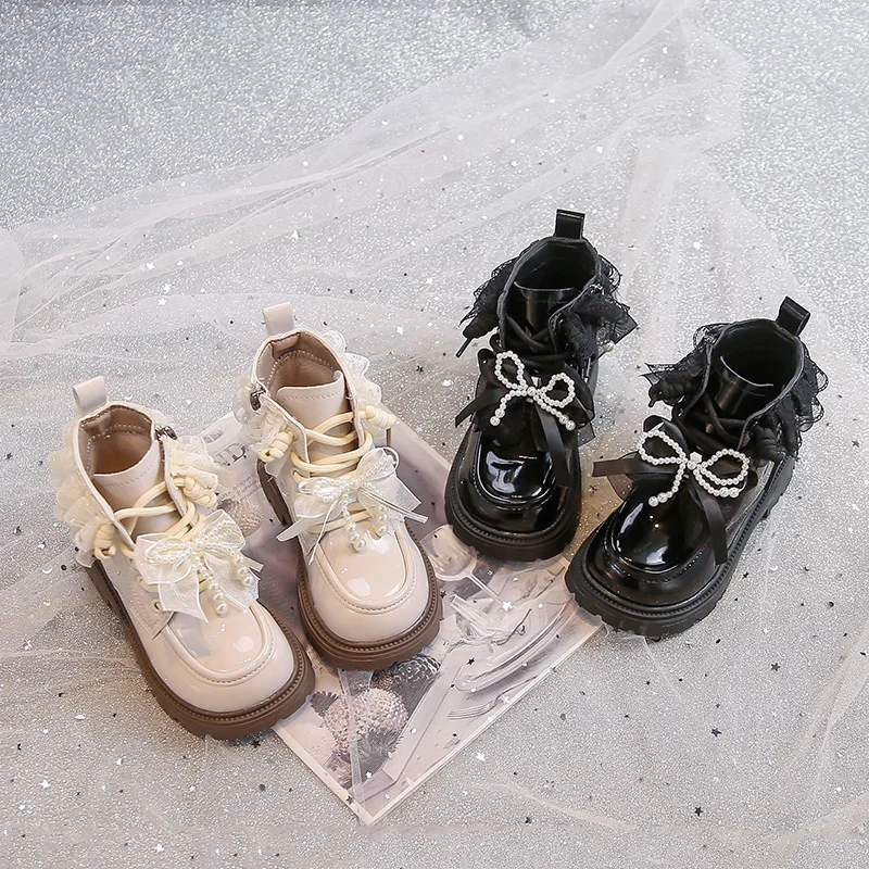 

2025 Autumn Winter Girls Leather Boots Sweet Lace Bowknots Kids Ankle Boots Cute Beading Fashion Children Princess Boots Soft