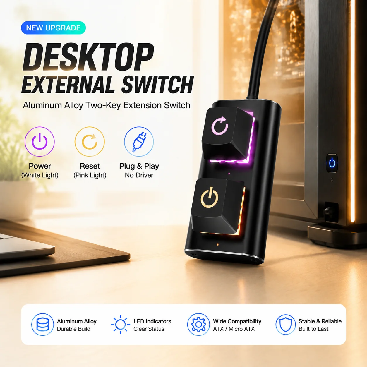 2m Extended Desktop Power Button with Extension Cable PC Switch Mechanical Key for Easy External Remote Start PC Motherboard