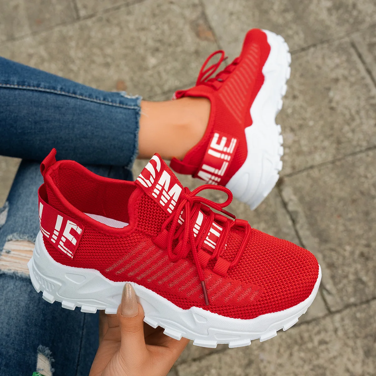 2026 Women's Casual Fly-woven Upper Running Tide Large Size Sports Slip-On Air Mesh Stretch Fabric Shoes