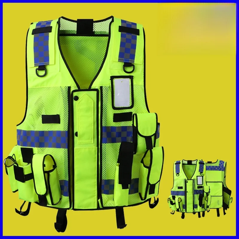 Reflective Safety Vest Workwear Riding Traffic Safety Jacket Multi-Functional Pocket Rescue Vest Printed V-Neck Zipper Closure