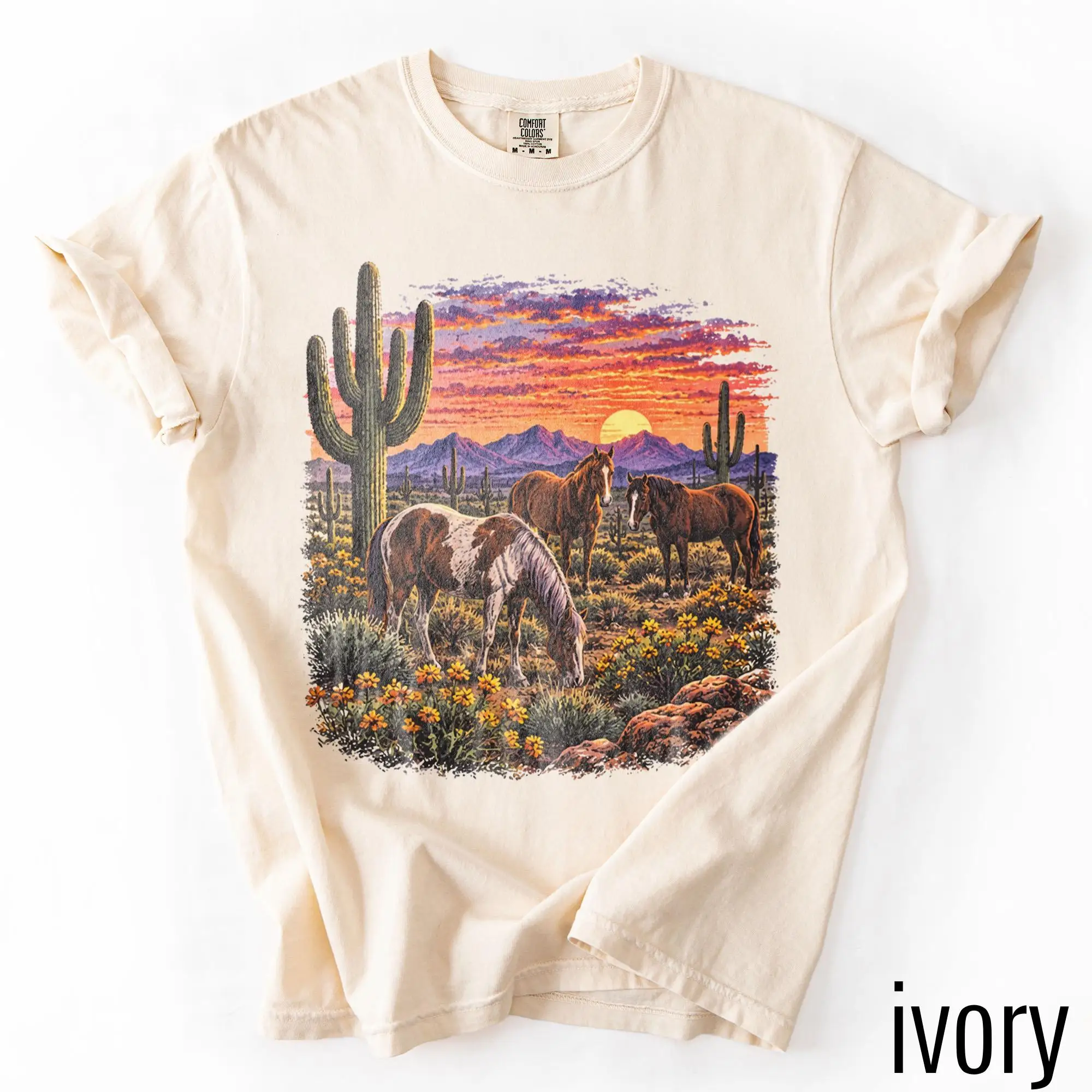 Vintage Desert Horse Graphic Tee, Western Ranch Wildlife Shirt, Southwest Sunset Nature Top, Horse Gift Tee T-shirt