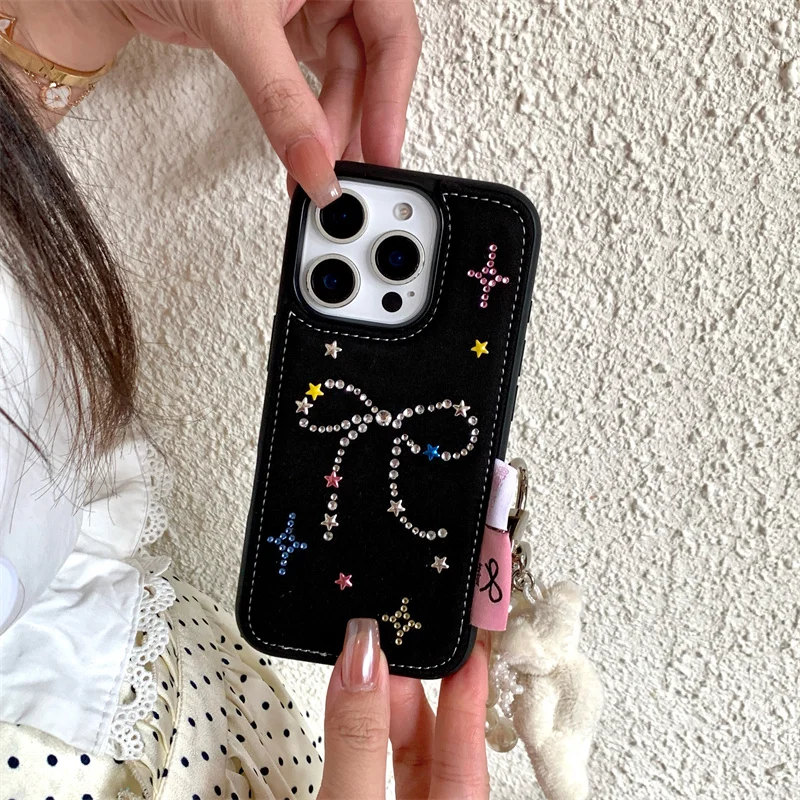Korean Cute Diamond Bow Denim Phone Case For iPhone 16 Pro 14 13 15 Pro Max Cover with Plus Rabbit Keychain Cases 16 Promax Capa