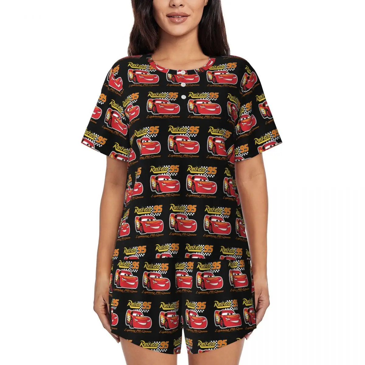 

Custom Lightning Mcqueen Cartoon Cars Pajamas Set for Women 2-Piece Short Sleeve Sleepwear Loungewear PJS Shorts Sets