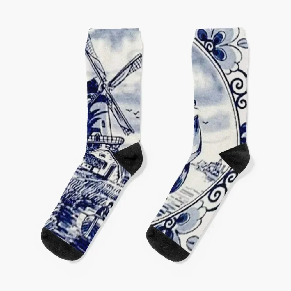 DUTCH BLUE DELFT: Vintage Windmill Print Socks winter anime winter gifts Boy Child Socks Women's