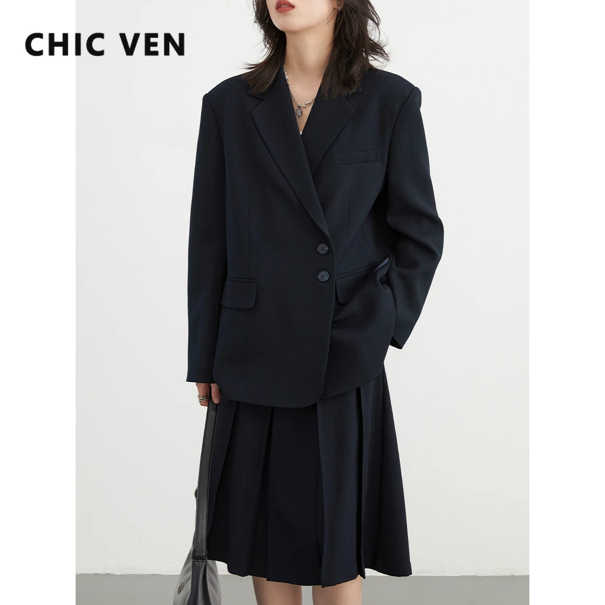 CHIC VEN Women\'s Blazers New Vintage Wide Shoulder Suit Coat Office Lady Jacket Mid Length Overcoat Autumn Spring 2023