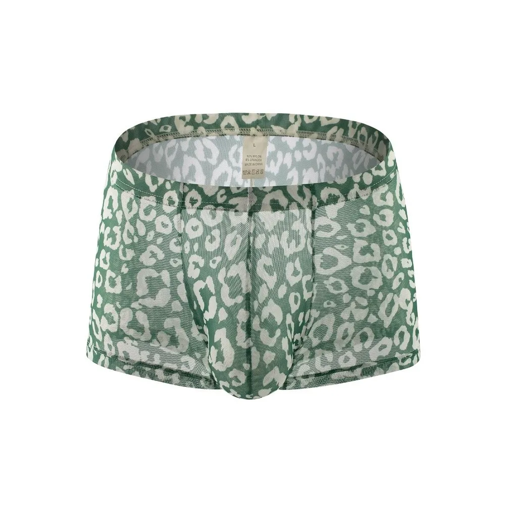 Breathable Leopard Print Men's Boxer Briefs Mesh Seamless Ice Silk Boxers Underpants Quick Dry Transparent Brief Summer