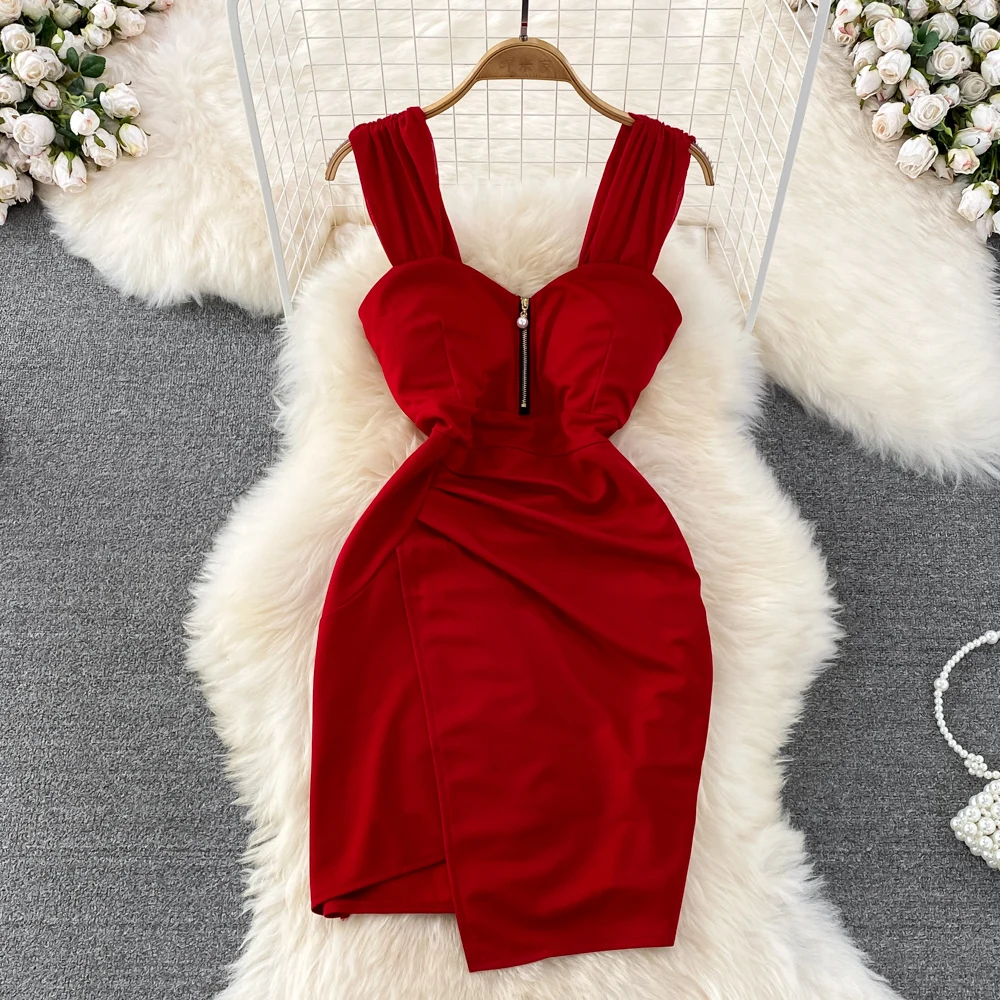 

Summer ssTss Women Dress Sexy Zipper up V-neck Spaghetti Strap Sleeveless High Waist Irregular Mini Bodycon Club Party Dress