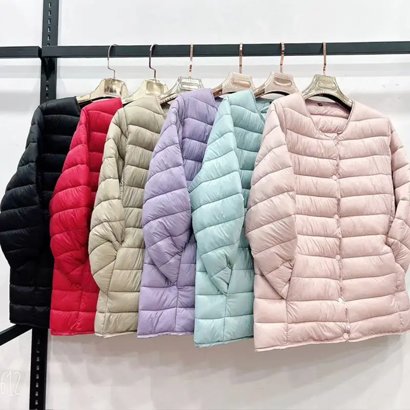 Women Liner Down Cotton Jacket V-neck New Female Winter Keep Warm Collarless Ultralight Quilted Puffer Coat