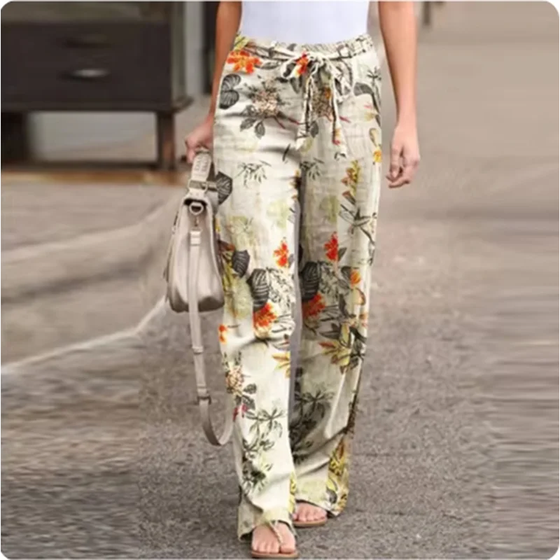 Vintage Casual Printed Art Pants Women's Pocket Strap Straight Leg Pants Loose Comfortable Pants