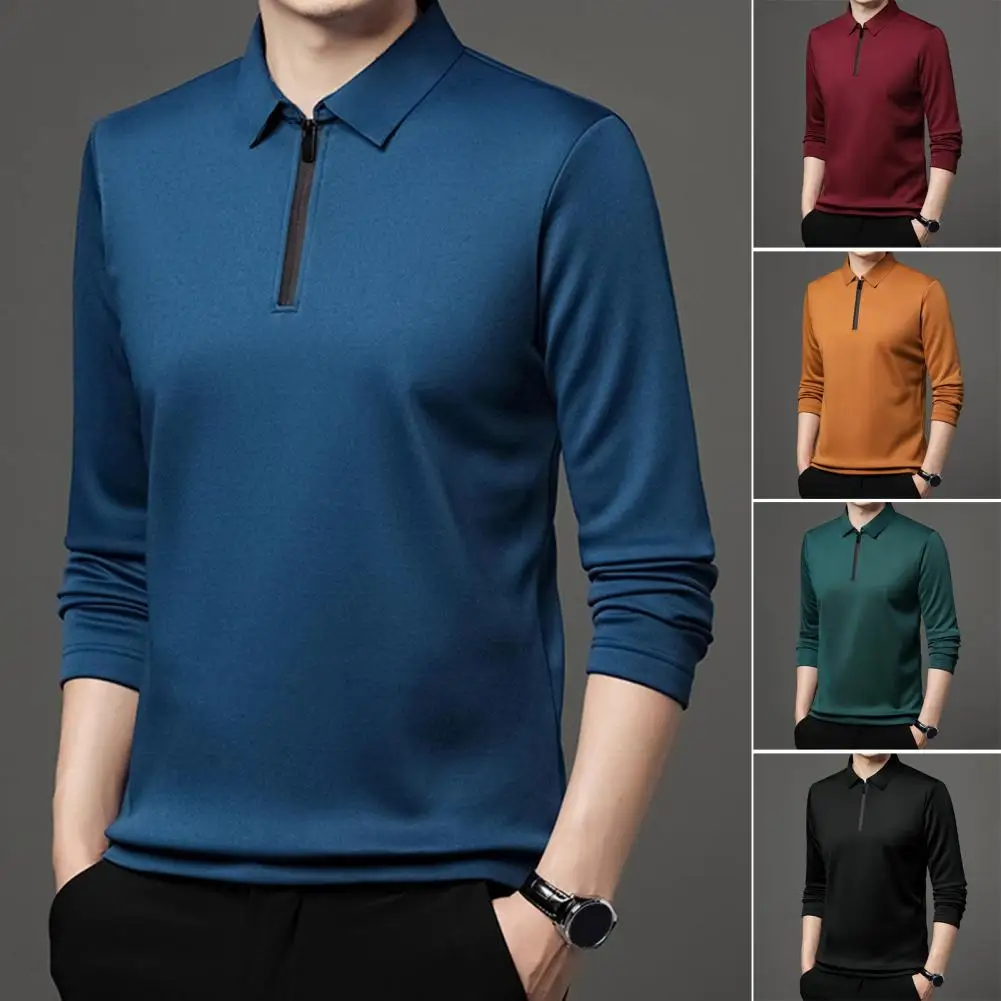 Fall Winter Shirt Men's Fall Spring Button-up Shirt with Zippered Lapel Collar Plus Size Long Sleeves Mid-length for Casual