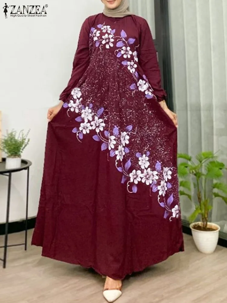 Vintage Moslim Jurk Zanzea Ramadan Zonnejurk Dubai Kalkoen Abaya Vrouwen Stijlvolle Lange Mouwen Bloemenprint Vestidos Gewaad Femme