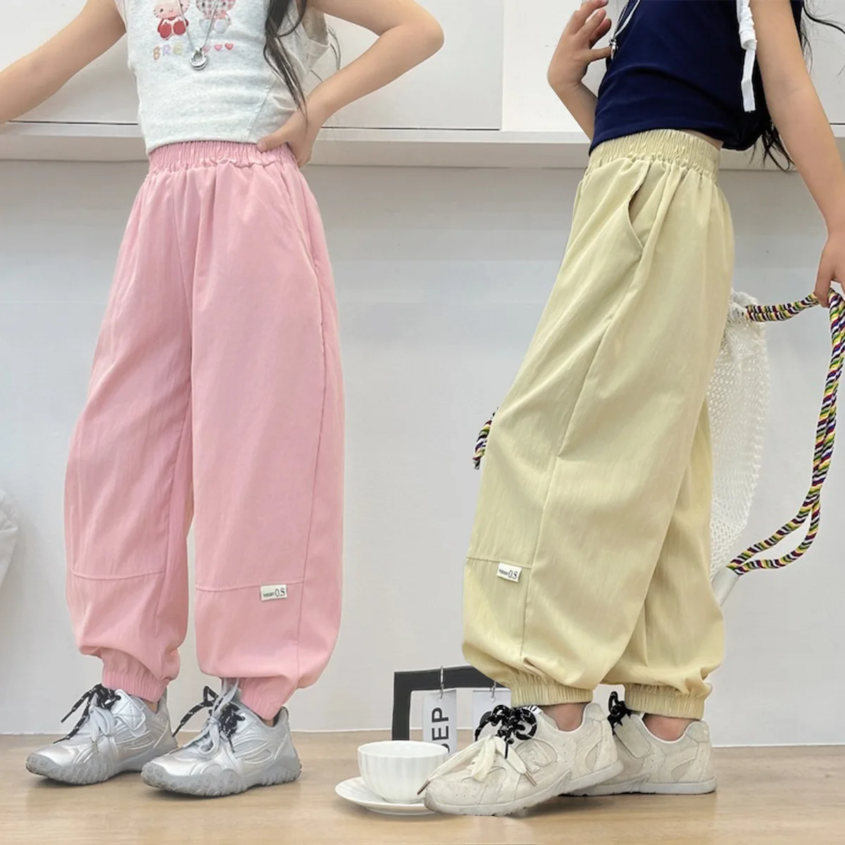 Image of Teenager-Mädchen-Hosen, Sommer-Cargohosen mit Bändern für Mädchen, Jogginghosen, Kinderhosen, lässige, dünne Kinderkleidung für Mädchen von 2-6 Jahren