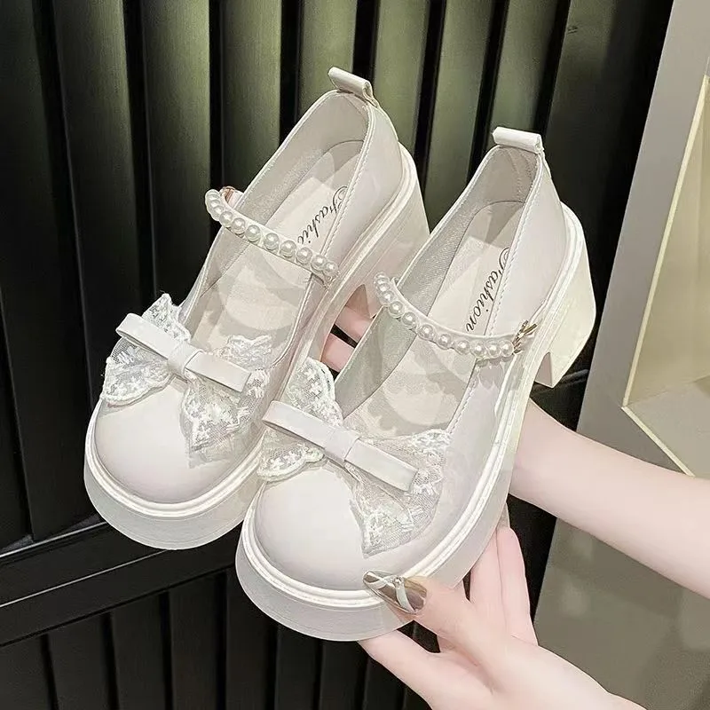 French Mary Jane Shoes for Girls Spring and Autumn New White Pearl Bow Girl Single Shoes Thick Heel Fairy Style Loafers Shoes