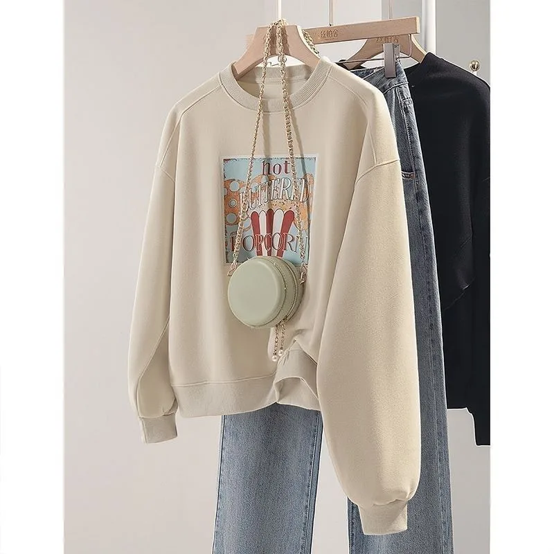 Herbst Winter Samt Verdickt Rundhals Sweatshirt für Frauen 2025, Neue Stil Einfache Gedruckt Lose Warme Top