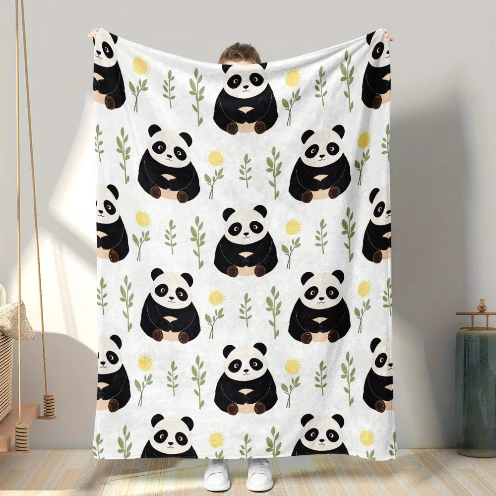 1pc Ultra Plush Flannel Throw Blanket Suitable for - Bedspread | Soft Cozy Bedspread with Cute Panda Bamboo & Sun Trees Print, - Bedspread for Rooms,,, Camping Adventures